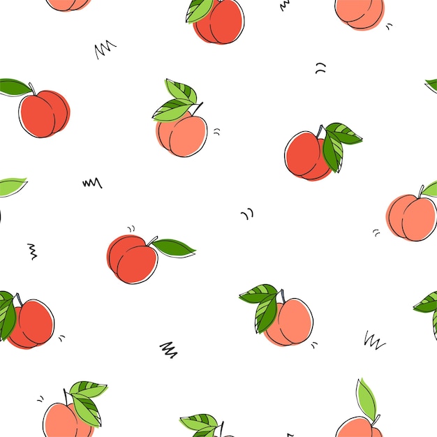 ジューシーな明るい桃と葉で白い背景にシームレスなベクトル パターン落書き果物漫画デザイン