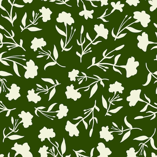 Seamless vector pattern white flower silhouettes on dark green textile packaging wrapping