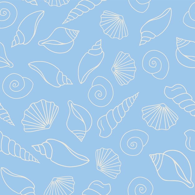 Seamless vector pattern White seashell outlines tossed on bright blue background textile wallpaper