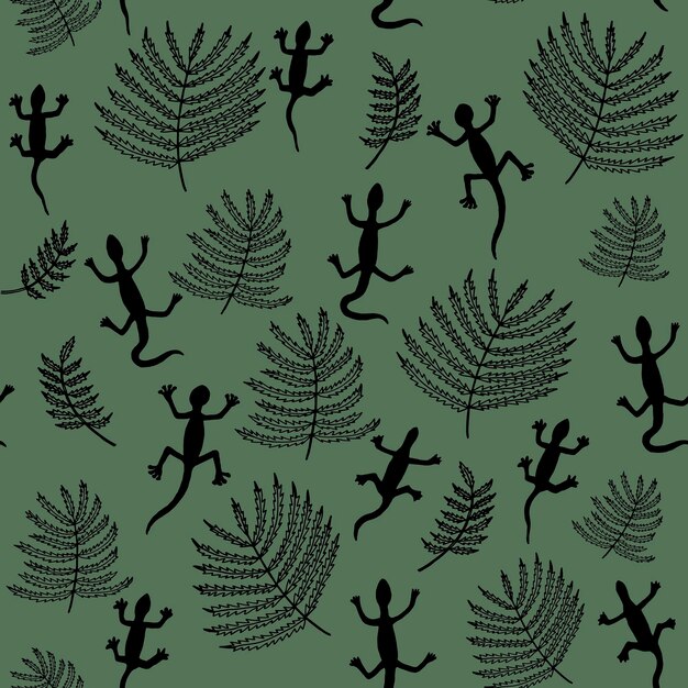 Seamless vector pattern of wildlife black lizards and leaves on a green background