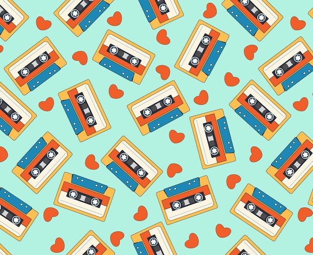 Seamless vector pattern with 90s audio cassettes Retro audio cassette and hearts Hand drawn vector