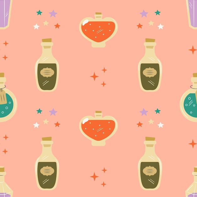 Seamless vector pattern with alchemy magic potions in glass bottles