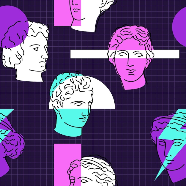 Vector seamless vector pattern with ancient greek statues in bright graphic style.