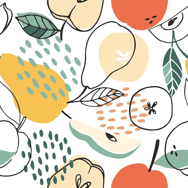 Seamless vector pattern with apples pears peaches on a white background Mix of fruit doodles Cartoon design