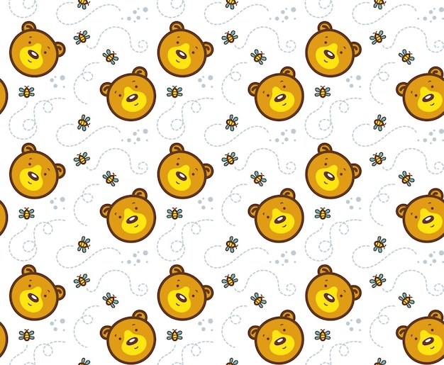 Бесшовный векторный рисунок с медведем и пчелой на белом фоне