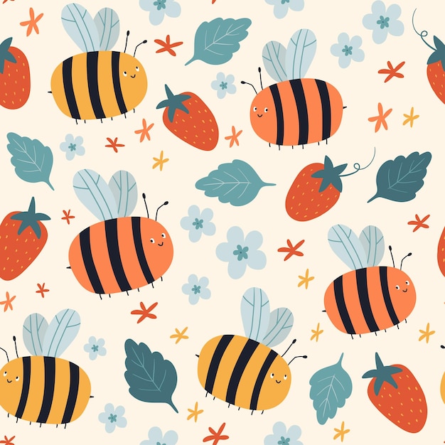 Бесшовные векторные шаблон с цветами клубники пчелы на бежевом фоне