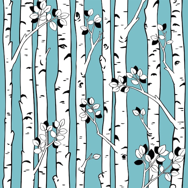 Seamless vector pattern with birch trees and leaves.