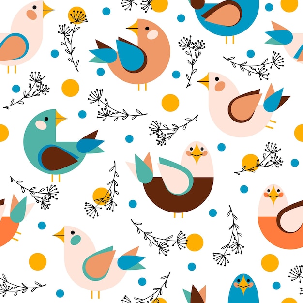 Бесшовный векторный рисунок с цветами и кругами искусства линий птиц