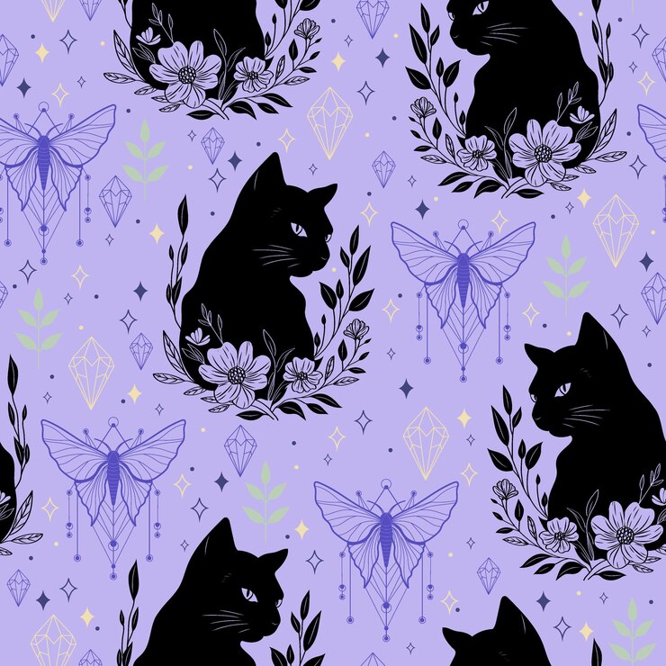 Vector seamless vector pattern with black cats butterflies flowers and crystals pastel color witchy mys
