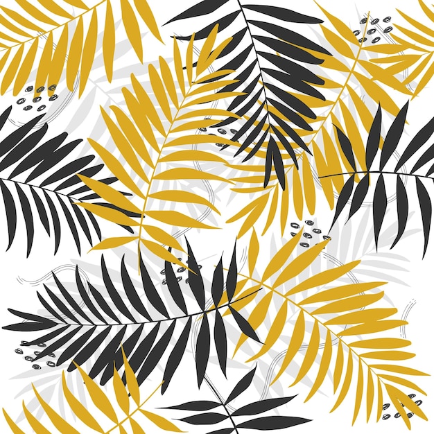 Vector seamless vector pattern with black and gold palm leaves on white background