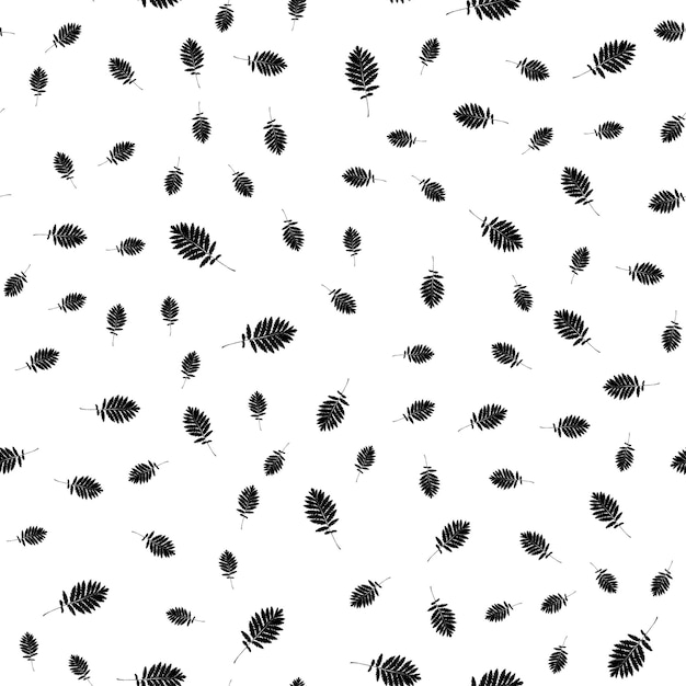 Seamless vector pattern with black leaves of different sizes on a white background