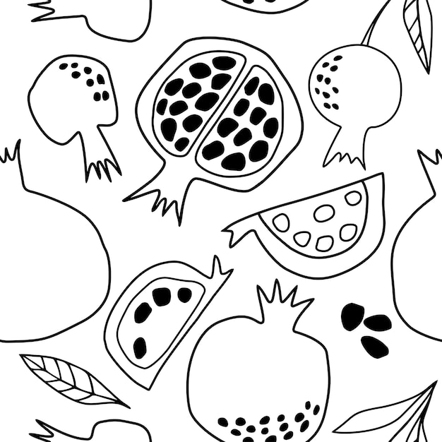 Vector seamless vector pattern with black and white pomegranates doodle fruits texture for textile paper wallpaper coloring book for children