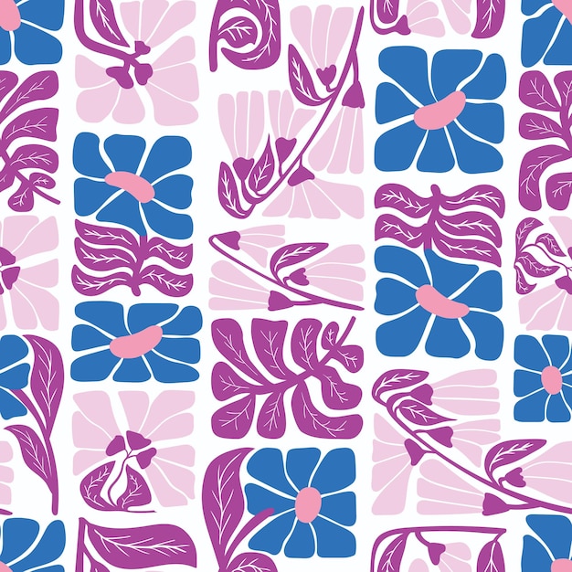 Seamless vector pattern with blue and pink flowers and leaves Textile packaging wrapping