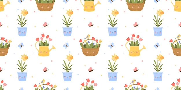 Seamless vector pattern with bouquets and pots of spring flowers Cheerful faces are smiling