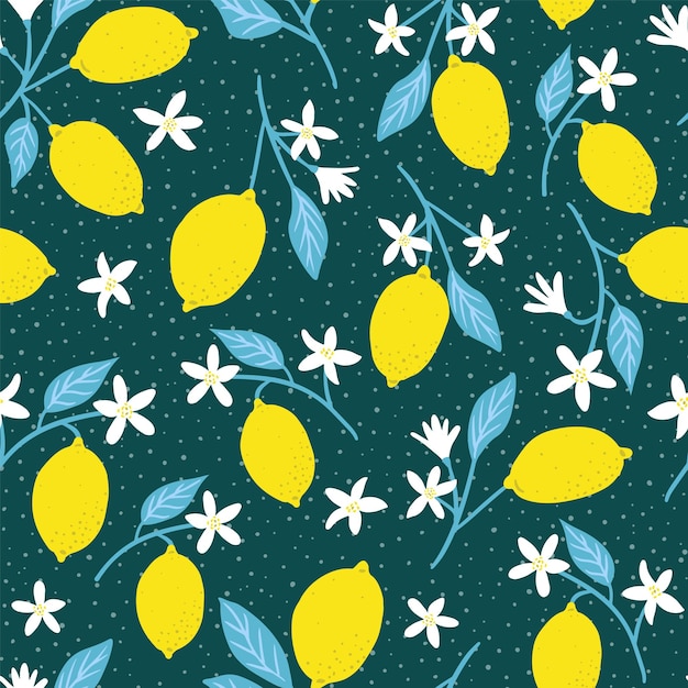 Vector seamless vector pattern with bright yellow lemons and white flowers on dark teal textile wrapping