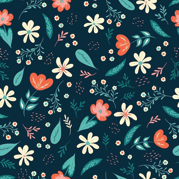 Seamless vector pattern with cartoon flowers on dark blue Kids products textile packaging wrap