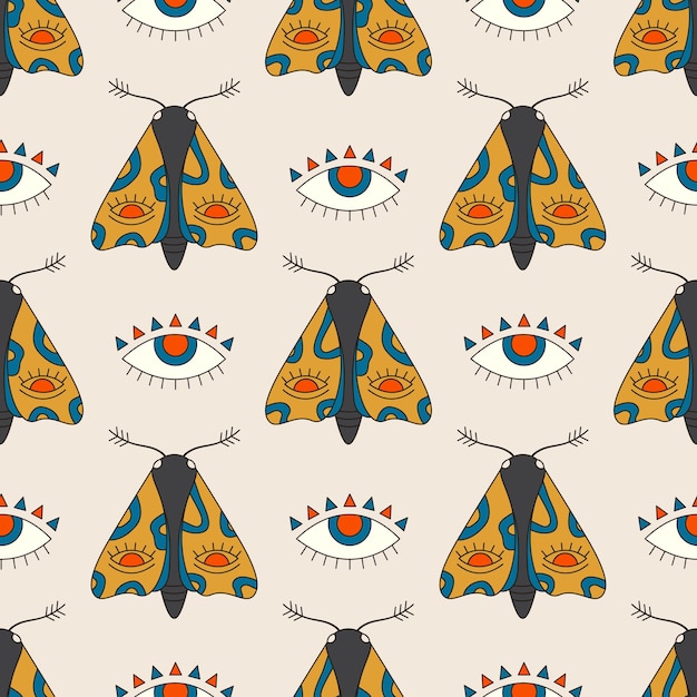 Seamless vector pattern with cartoon mystic night moth and eye illustrations