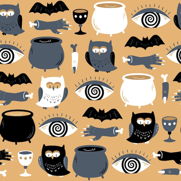 Seamless vector pattern with cauldron owl bat zombie hand finger enchanted eye and bowl