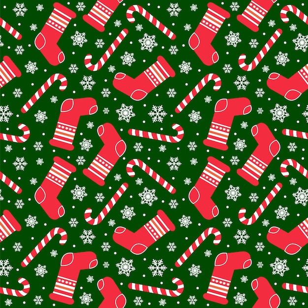 크리스마스 스타킹 양말 사탕 지팡이와 눈송이와 원활한 벡터 패턴