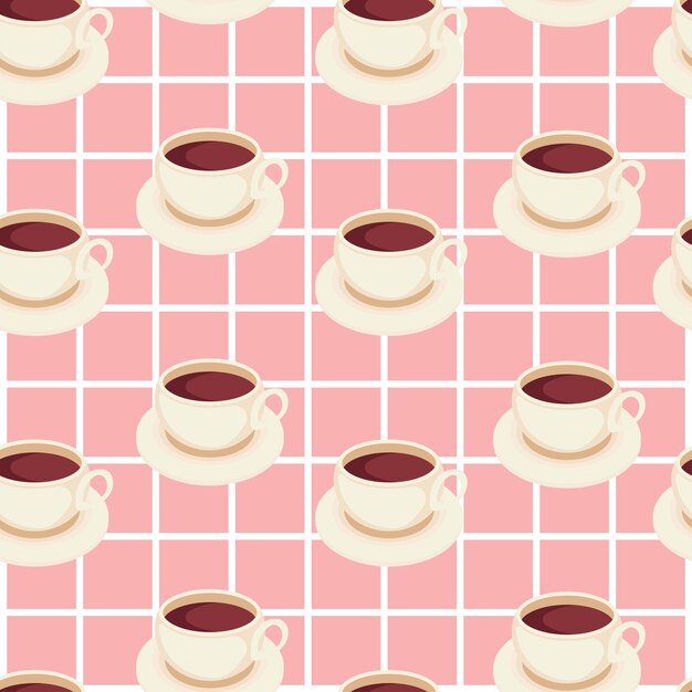 분홍색 체크 무늬 식탁보 배경에 커피 컵이 있는 원활한 벡터 패턴