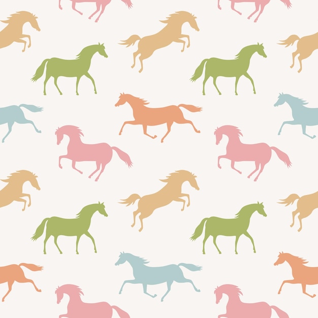 Бесшовный векторный рисунок с красочными бегущими лошадьми. Лошади пастельных тонов на бежевом фоне.