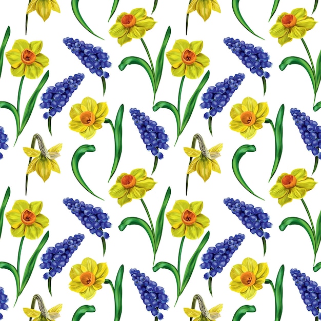Seamless vector pattern with colorful spring flowers Yellow daffodils blue muscari green leaves Packaging design cover fabric testille