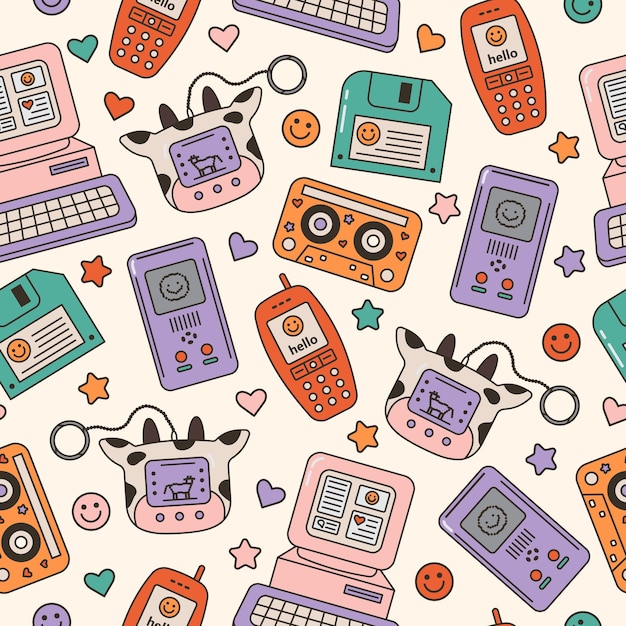 Seamless vector pattern with cute 80s 90s electronic devices Trendy oldschool graphic texture