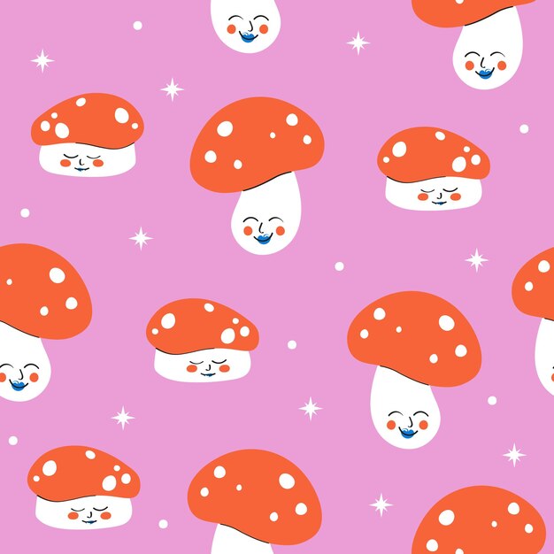 Seamless vector pattern with cute abstract cartoon mushrooms fly agaric on a pink background.