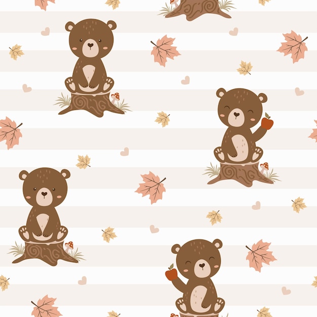seamless vector pattern with cute bear in forest. woodland cartoon animals background. design for ba