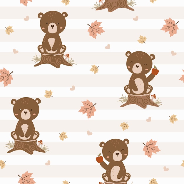 Seamless Vector Pattern with Cute Bear in forest. Woodland Cartoon Animals Background. design for ba