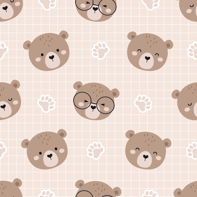 Seamless Vector Pattern with Cute Bear and Paw. Childish Cartoon Animals Background. design for fabr