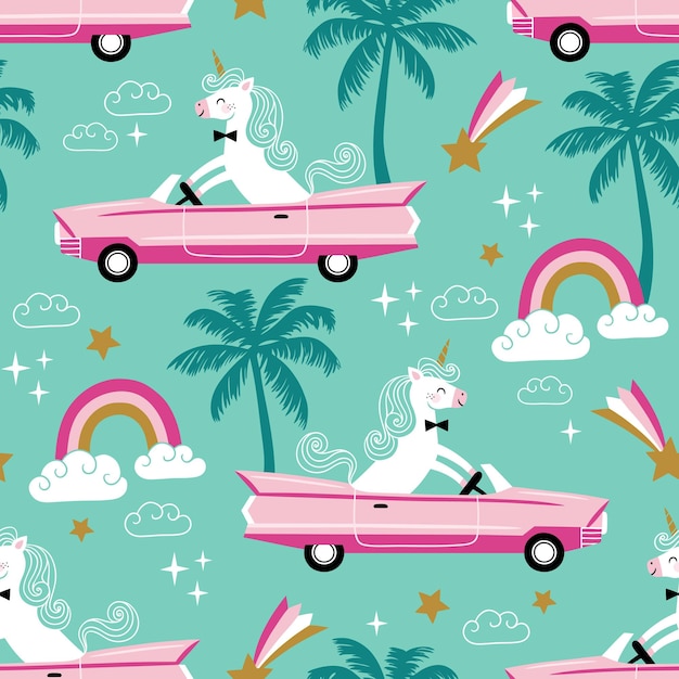 Seamless vector pattern with cute boy unicorns, cars and palm trees.