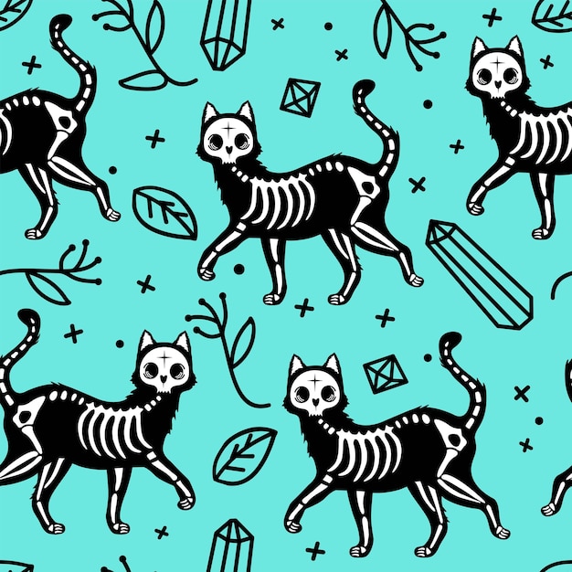 Vector seamless vector pattern with cute cat skeletons and flowers and crystal cat skull bone skeleton many