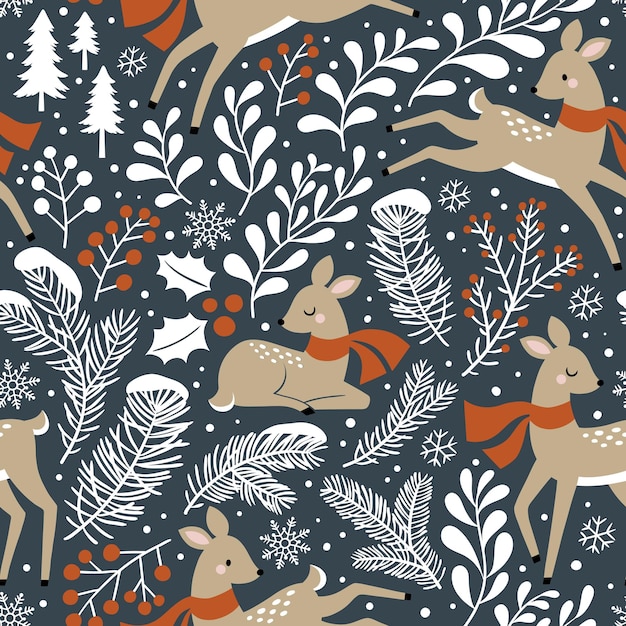 Seamless vector pattern with cute Christmas deer, pine trees, berries and snowflakes