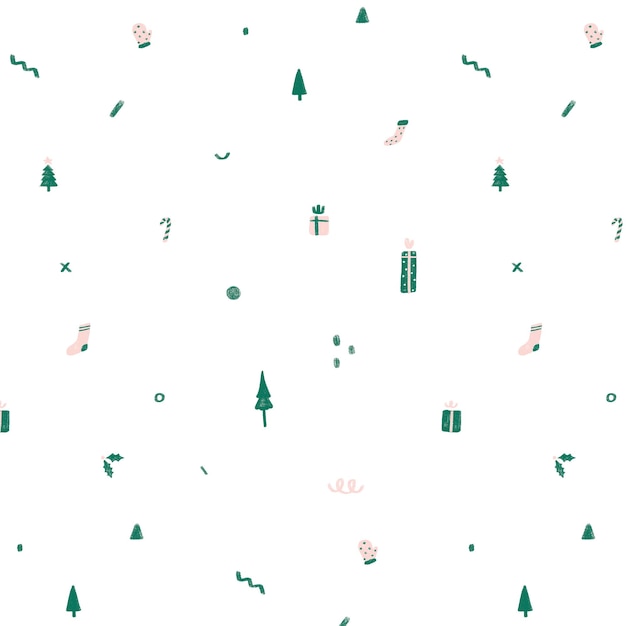 Modello vettoriale senza soluzione di continuità con graziosi alberi di nataleregalocaramelle canessocksguanto di foglie di natale su sfondo bianco illustrazione del motivo in stile cartone animato minimo carta da parati astratta doodle