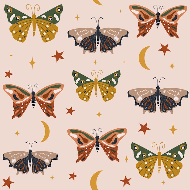 Seamless vector pattern with cute colorful moth, moon and stars