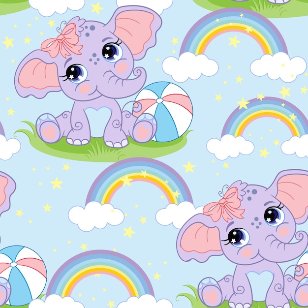 Vector seamless vector pattern with cute elephant and rainbow