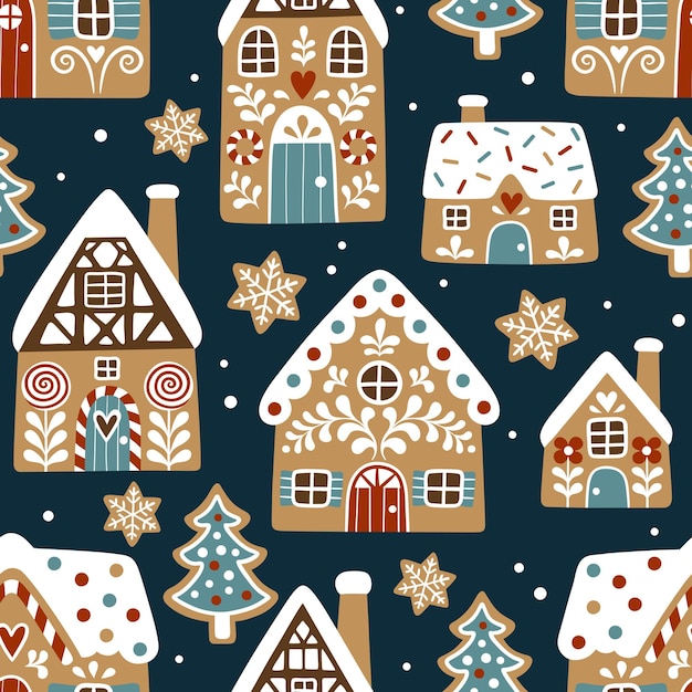 Seamless vector pattern with cute gingerbread houses and cookies on dark blue background.