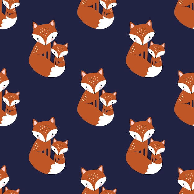 Seamless vector pattern with cute hand drawn fox family.