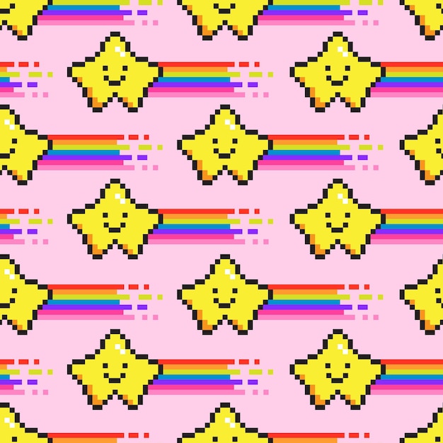 Seamless vector pattern with cute pixel art flying star with rainbow Background with geek element