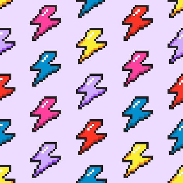 Seamless vector pattern with cute pixel lightning Background with colorful geek element