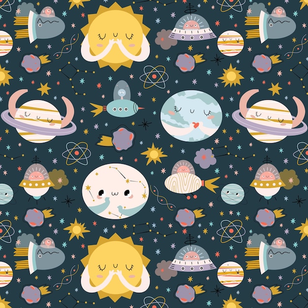 Vector seamless vector pattern with cute planets stars constellations rockets spaceships space saturn