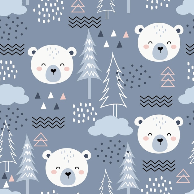 Бесшовный векторный рисунок с милым белым медведем, лесными элементами и нарисованными вручную формами. Детский мультфильм