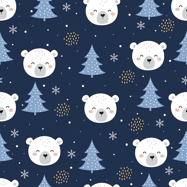 Seamless Vector Pattern with Cute Polar Bear, forest elements and hand drawn shapes. Childish Cartoo