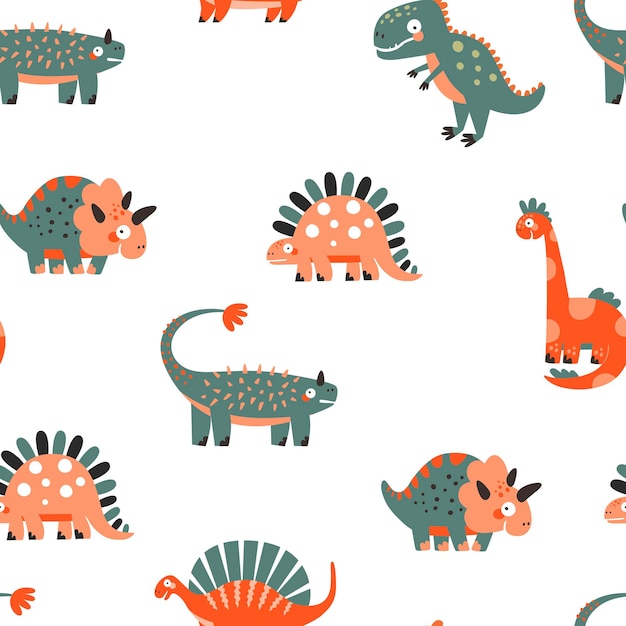 Seamless vector pattern with cute prehistoric animal dinosaurs in cartoon style