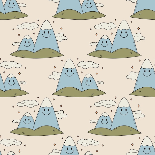 Vector seamless vector pattern with cute smiling mountain characters