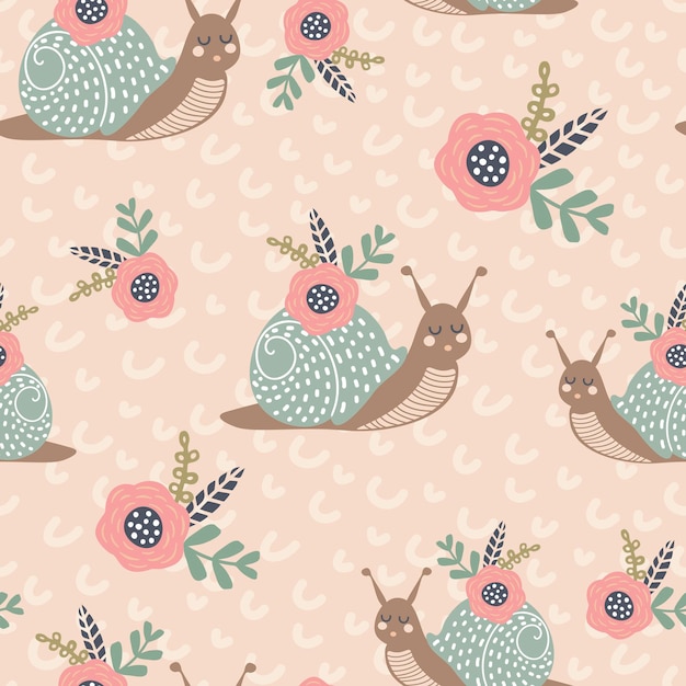 Seamless vector pattern with cute snail flowers and bouquets creative animal texture