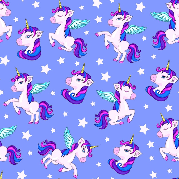 Vector seamless vector pattern with cute unicorns on lilac backgroundseamless cute magical celestial vector pattern with unicorns rainbows stars sky wings hearts perfect for textile wallpaperxdxa
