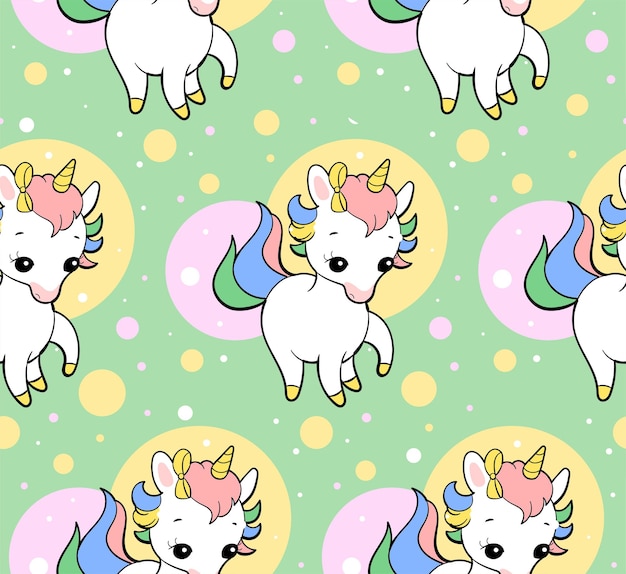 Seamless vector pattern with cute unicorns on vibrant background perfect for textile wallpaper or pr...