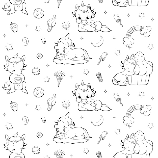 Seamless vector pattern with cute unicorns on white background Perfect for textile wallpaper or print design Design for coloring book